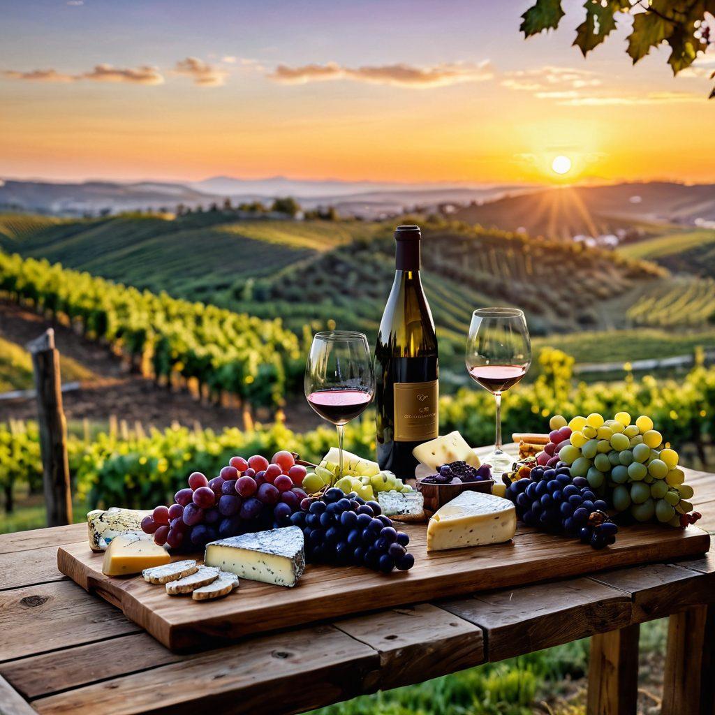 A sophisticated wine tasting setup featuring an elegantly arranged table with various fine wine bottles, crystal glasses, and a rustic wooden cheese board. Decorate the scene with grape clusters, and soft ambient lighting to create a warm atmosphere. In the background, a blurred vineyard with rolling hills and a sunset sky adds depth. The scene invites viewers to experience the art of wine tasting. super-realistic. vibrant colors. 3D.