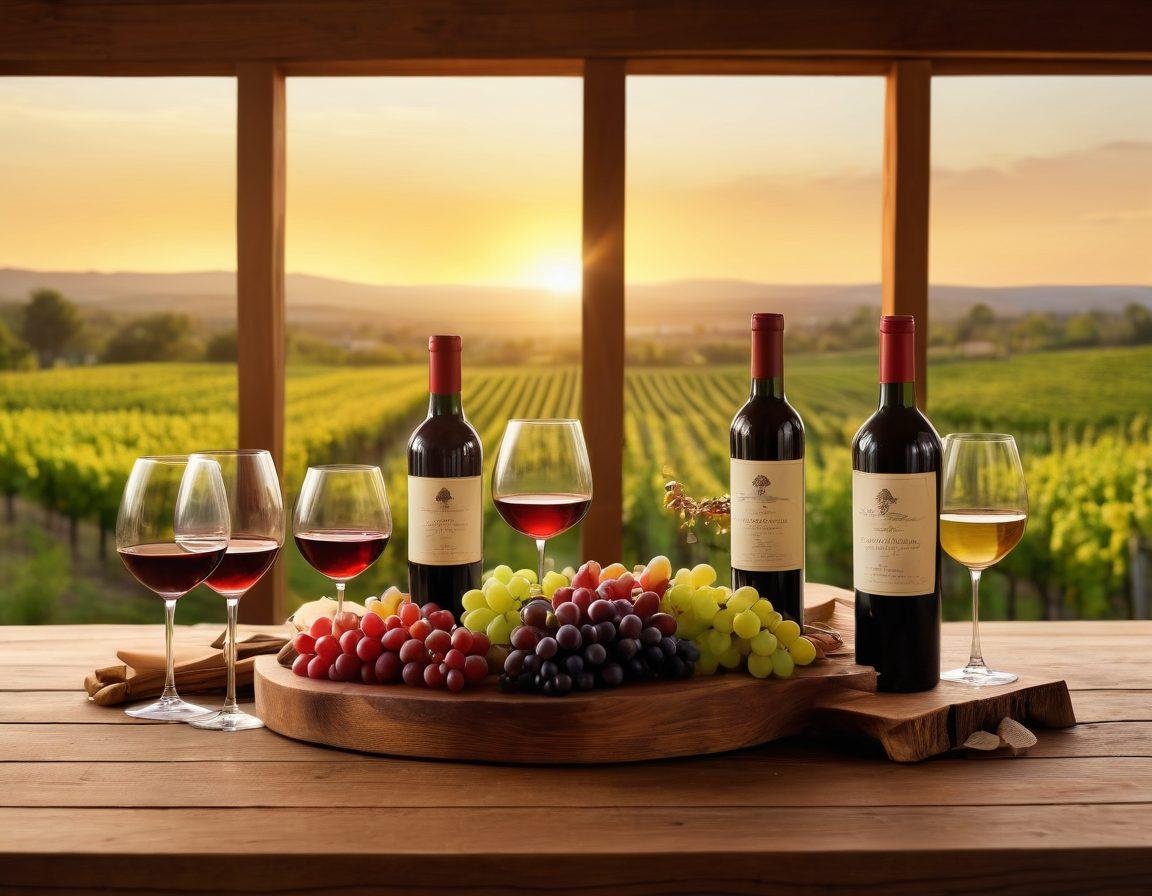 A beautifully arranged wine tasting setup featuring an assortment of fine wine bottles, glasses filled with deep red and crisp white wines, and a rustic wooden table adorned with fresh grapes and tasting notes. In the background, there are lush vineyards under a golden sunset, creating a serene ambiance. Emphasize elegance and warmth to evoke a sense of sophistication and exploration. super-realistic. vibrant colors. warm lighting.