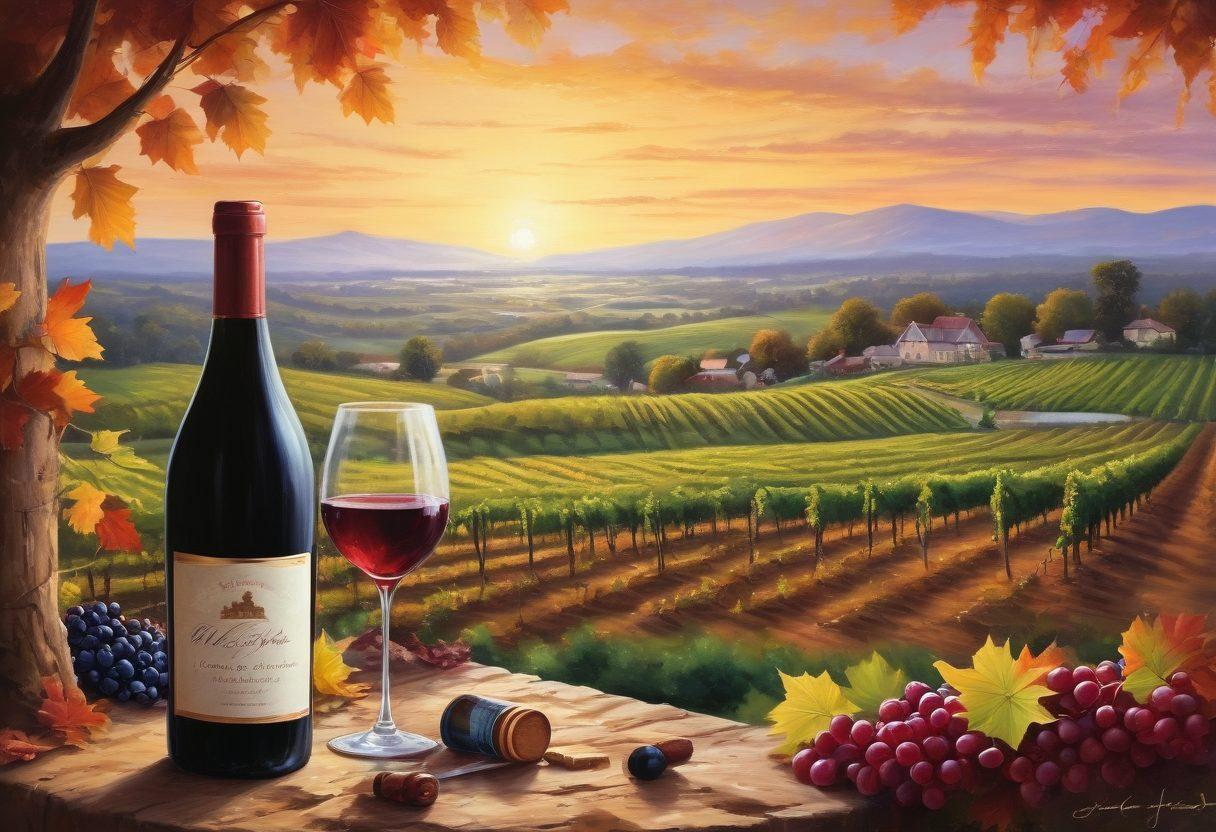 A scenic vineyard landscape transitioning from lush Bordeaux grapes to elegant sparkling wine bottles, highlighting various wine products with labels and unique features. Include a soft sunset lighting casting warm hues over the vineyard, with a wine enthusiast savoring a glass. Incorporate elements like corks, wine glasses, and leaves for a rich texture. painting. vibrant colors. romantic atmosphere.
